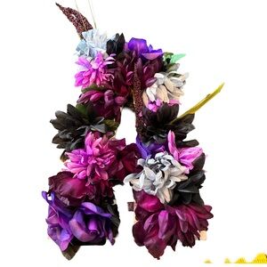 Handmade Floral Letter A Wall Decor Purple Black White Artificial Flowers 13x9